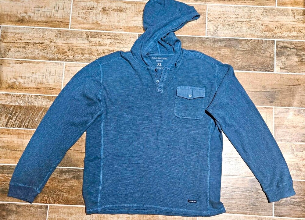 Calvin Klein Jeans Men's Blue Henley Pullover Hoodie Cotton Knit Pockets XL